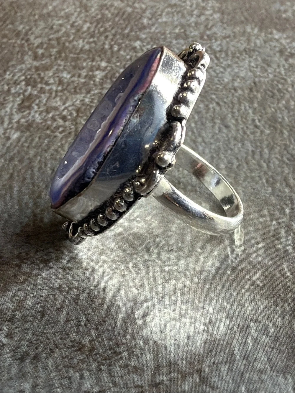 Boho Vintage Style Blue Druzy Agate Statement Ring Size 6 Silver 925 Plated - Picture 3 of 4